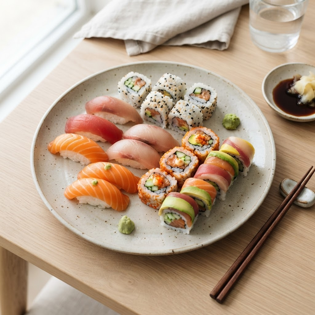Variedade de sushi fresco e colorido num prato